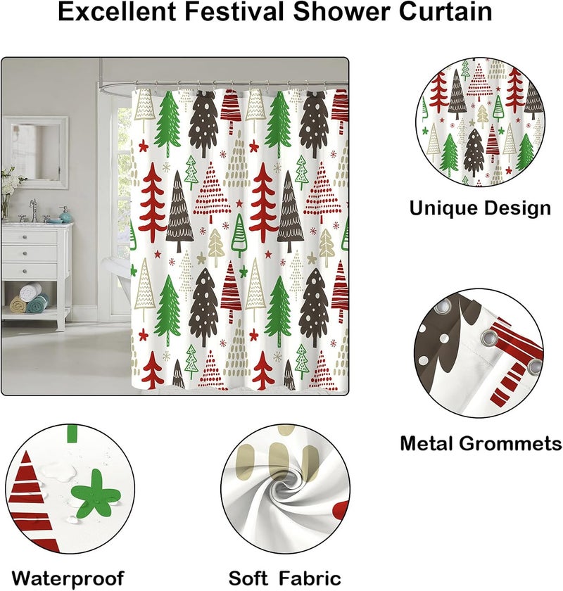 YOSTEV Christmas Shower Curtain, Colorful Christmas Tree Shower Curtains for Bathroom, Red Green Winter Holiday Shower Curtain, Merry Christmas Xmas Pine Fabric Cloth Bath Curtain, 72x72 Inch - Image 3